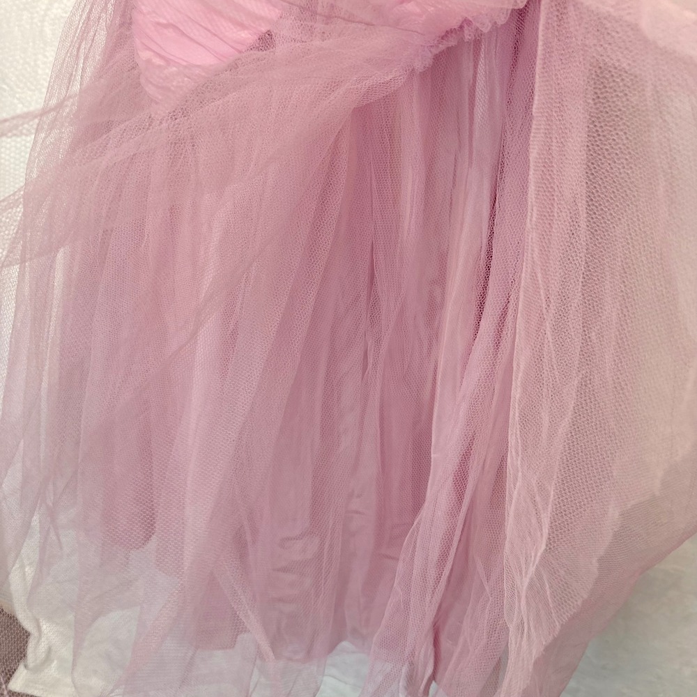Vintage Lilac Tulle Off Shoulder Tea Length Party Dress Ruched 50s 24 Waist - Picture 8 of 11